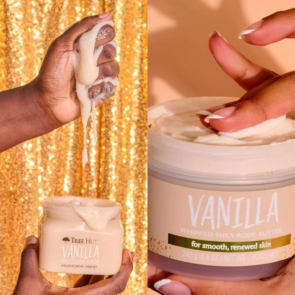 tree hut vanilla shea sugar scrub & whipped body butter bundle 26.4 oz | exfoliating & moisturizing skincare | smooth soft skin
