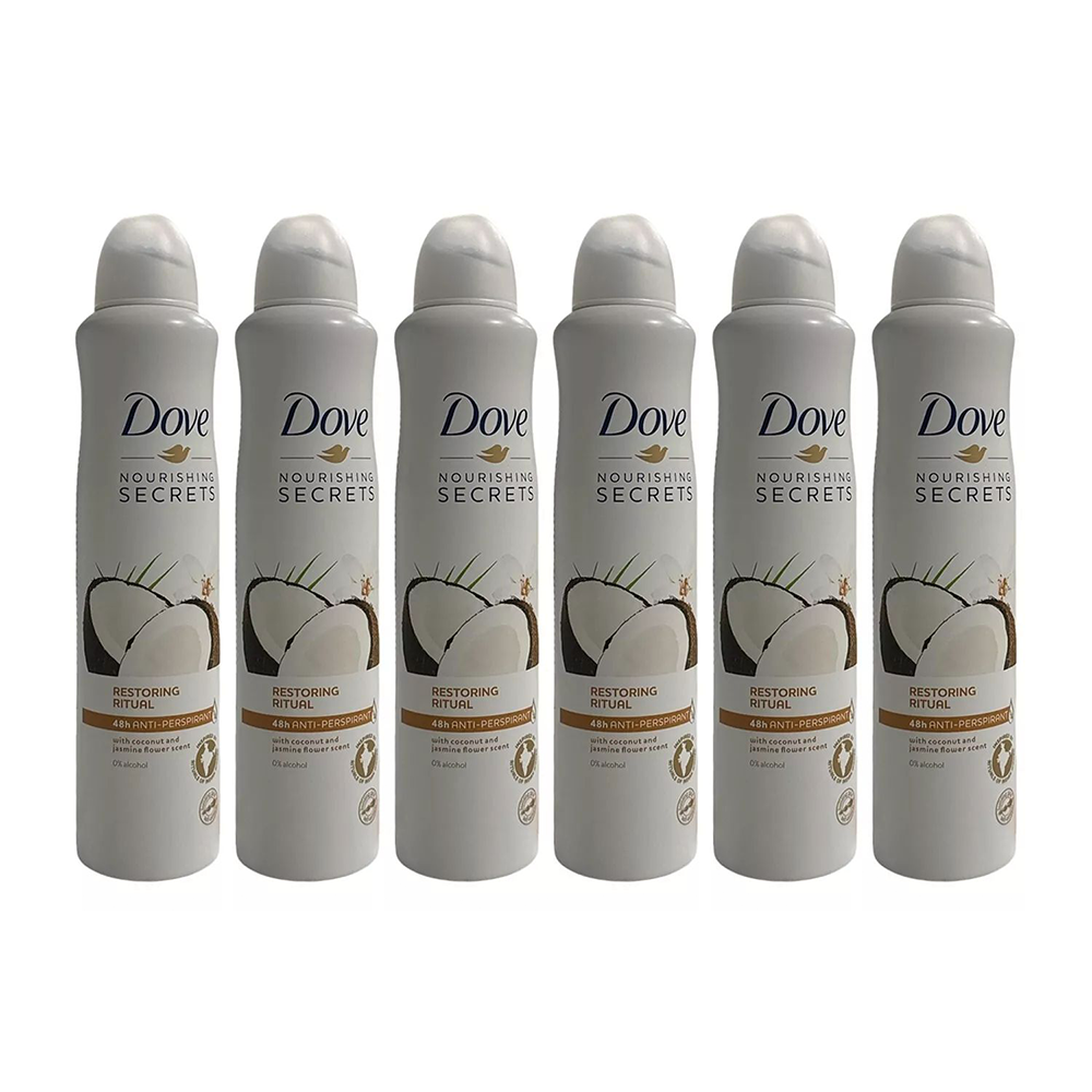 6 pk dove nourishing secrets anti perspirant spray 250ml coconut & jasmine scent
