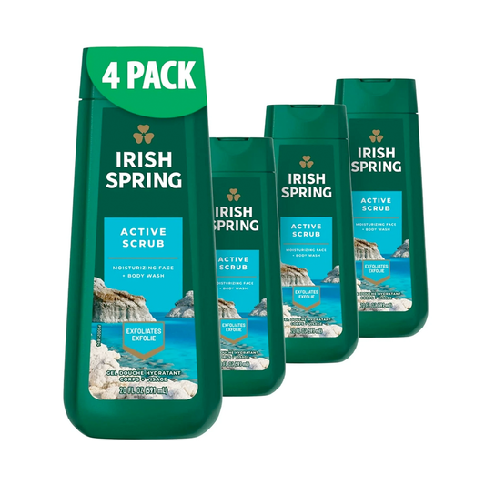4 Pack Irish Spring Active Scrub Exfoliating Body Wash for Men, 20 Fl oz (591ML)