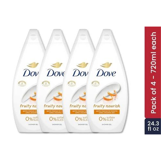 Four bottles of Dove Fruity Nourish body wash on a white background with product details.