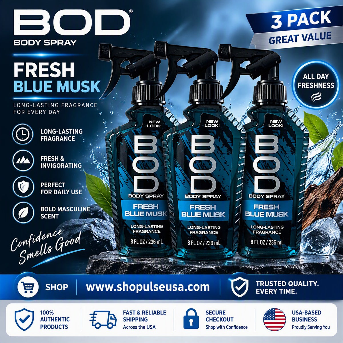 3 pk bod man fragrance body spray, fresh blue musk, 8 fl oz