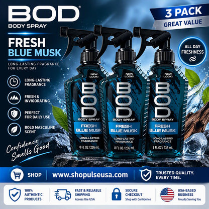 3 PK BOD Man Fragrance Body Spray, Fresh Blue Musk, 8 fl oz