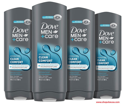 4 Pack DOVE MEN + CARE Body and Face Wash Clean Comfort 18 oz / 532 mL