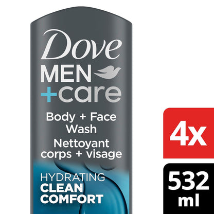 4 Pack DOVE MEN + CARE Body and Face Wash Clean Comfort 18 oz / 532 mL