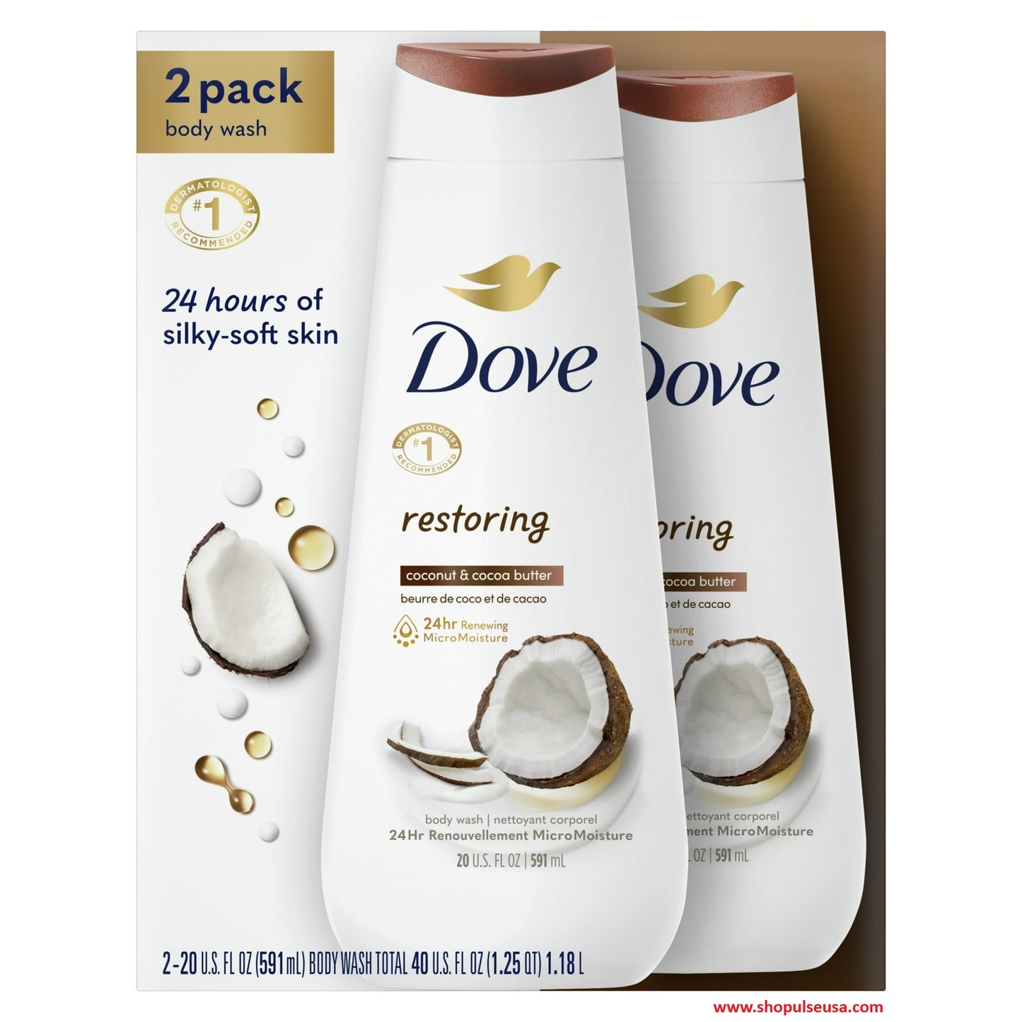 dove body wash for women restoring coconut & cocoa butter, 20 oz 2 count