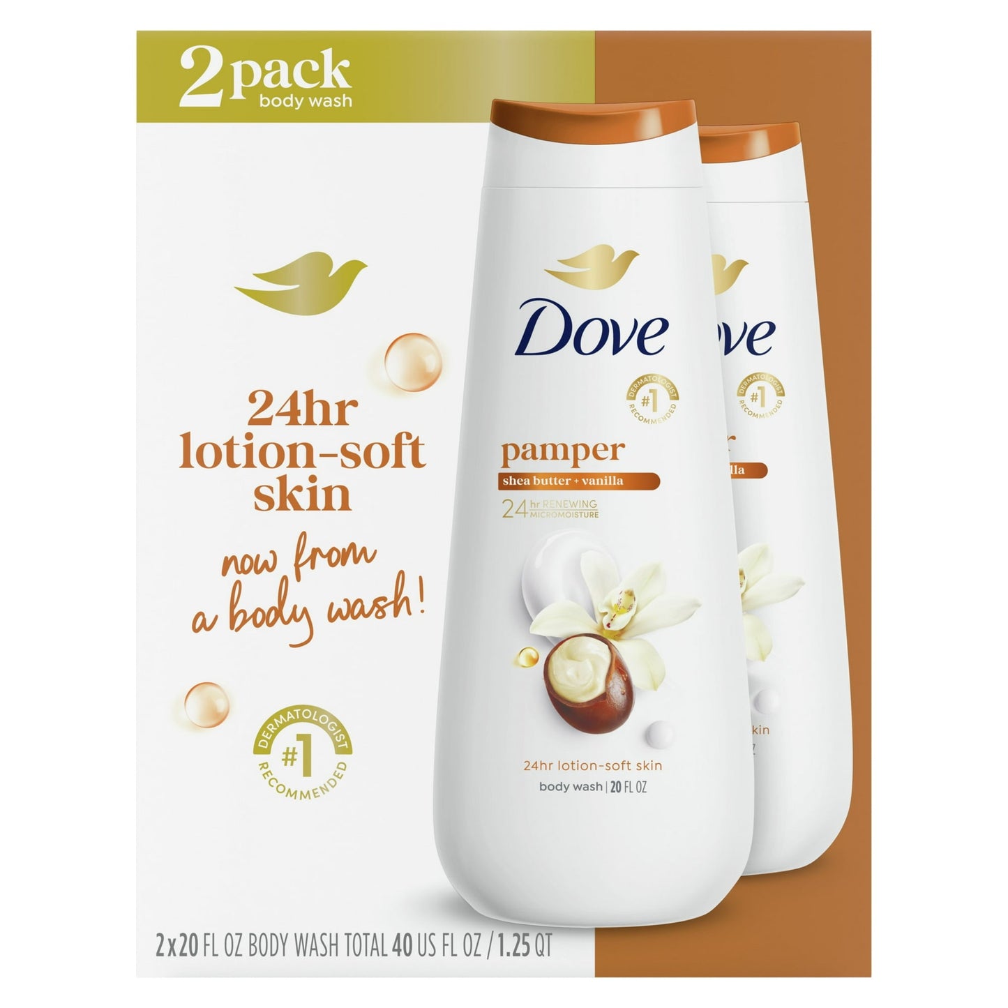 dove pampering gentle body wash for women all skin shea butter & vanilla, 20 fl oz twin pack