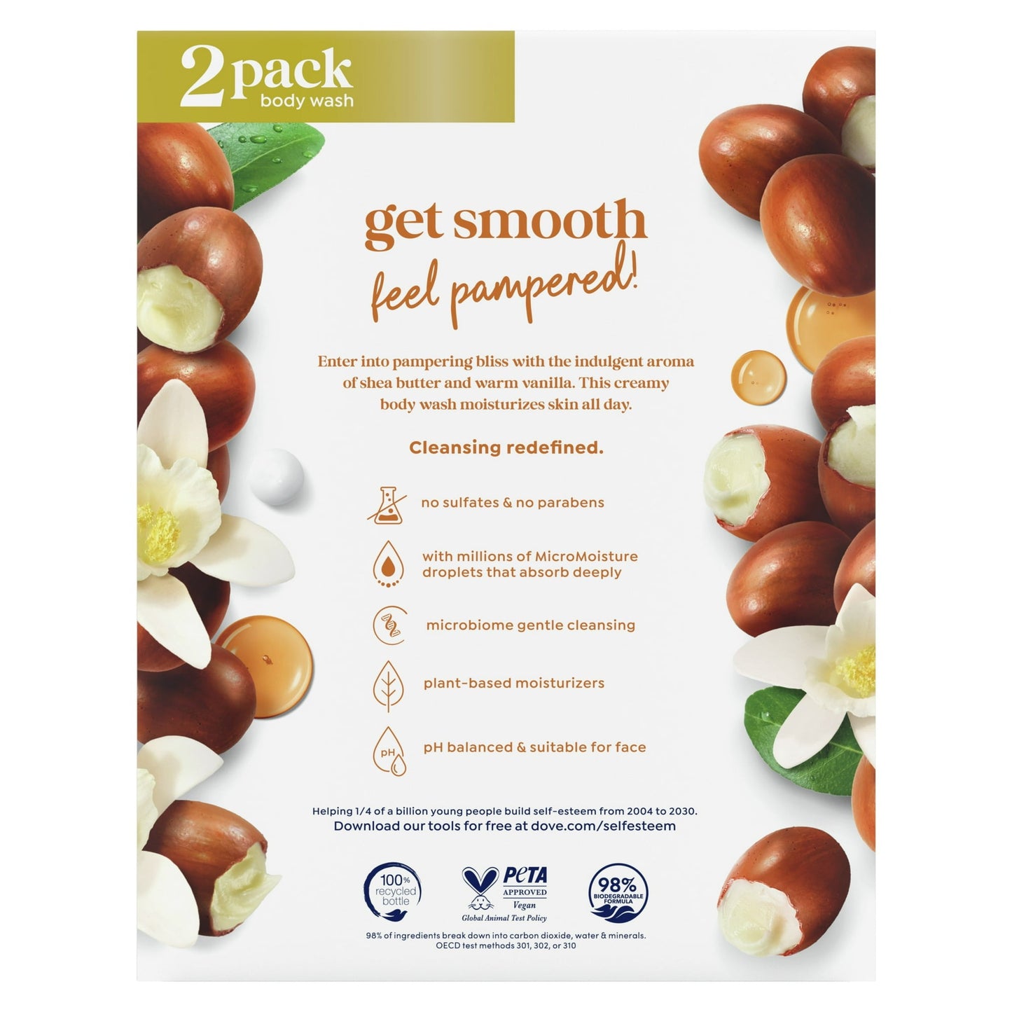 dove pampering gentle body wash for women all skin shea butter & vanilla, 20 fl oz twin pack