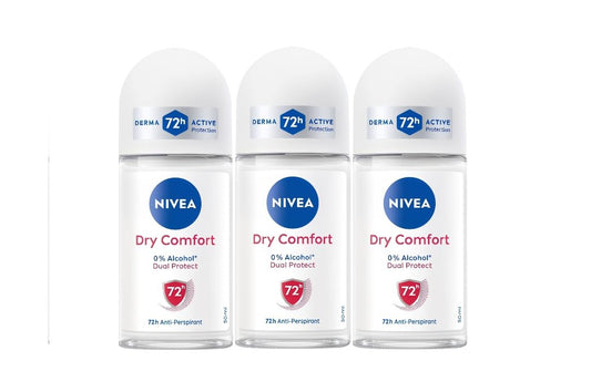 NIVEA Dry Comfort Anti-Perspirant Roll-On Deodorant 50ml, 72H | Alcohol-Free, Long-Lasting Sweat & Odor Protection, Gentle on Skin, Dermatologically Tested, Fresh Scent, All Skin Types, Pack of 3