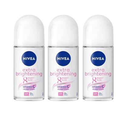 NIVEA Extra Brightening Roll‑On Deodorant 50ml (3‑Pack) | Vitamin C + Collagen | 48H Odor Protection