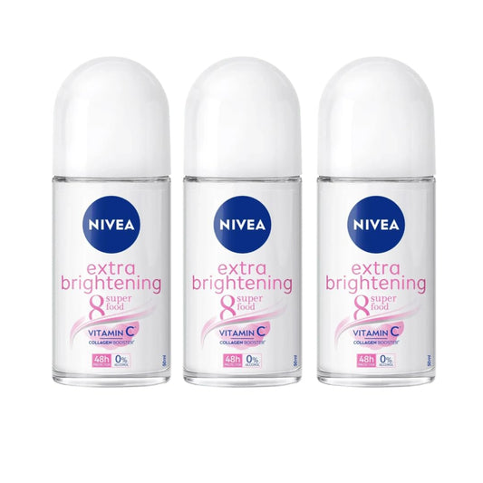 NIVEA Extra Brightening 8 Super Food Vitamin C Collagen Booster Underarm Roll-On Deodorant, Alcohol-Free, 48HR Odor Protection, Smooth & Bright Skin, 50ml, 1.69oz, Pack of 3