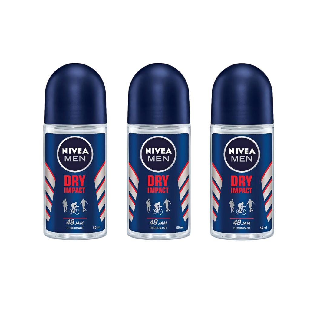 nivea men dry impact anti-perspirant roll-on deodorant 50ml – 48h sweat & odor protection, alcohol-free, dual active formula with avocado oil, long-lasting fresh clean scent for all skin, pack of 3