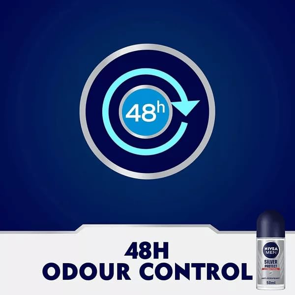 nivea men silver protect roll-on deodorant 48h odor protection, long-lasting freshness, alcohol-free, quick dry, 50ml antiperspirant, gentle on skin, men’s body care, fresh scent, pack of 3