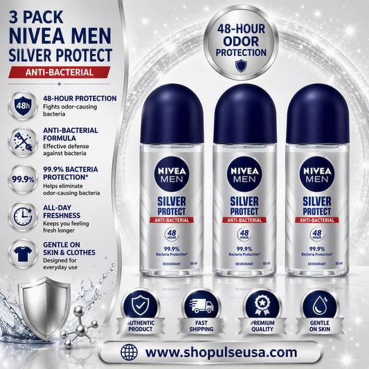NIVEA Men Silver Protect Roll‑On Deodorant 50ml (3‑Pack) | 48H Odor Protection | Alcohol‑Free