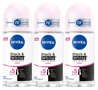 Nivea Invisible for Black & White Clear Roll-On Anti-Perspirant Deodorant 50 ml (Pack of 3)