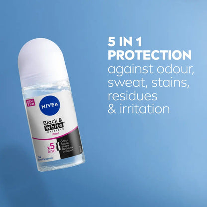 Nivea Invisible for Black & White Clear Roll-On Anti-Perspirant Deodorant 50 ml (Pack of 3)