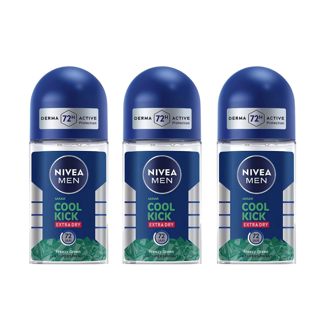 nivea men roll on deodorant cool kick extra dry freezy green 50ml long-lasting freshness anti-perspirant 48h protection quick drying formula gentle on skin for men, pack of 3