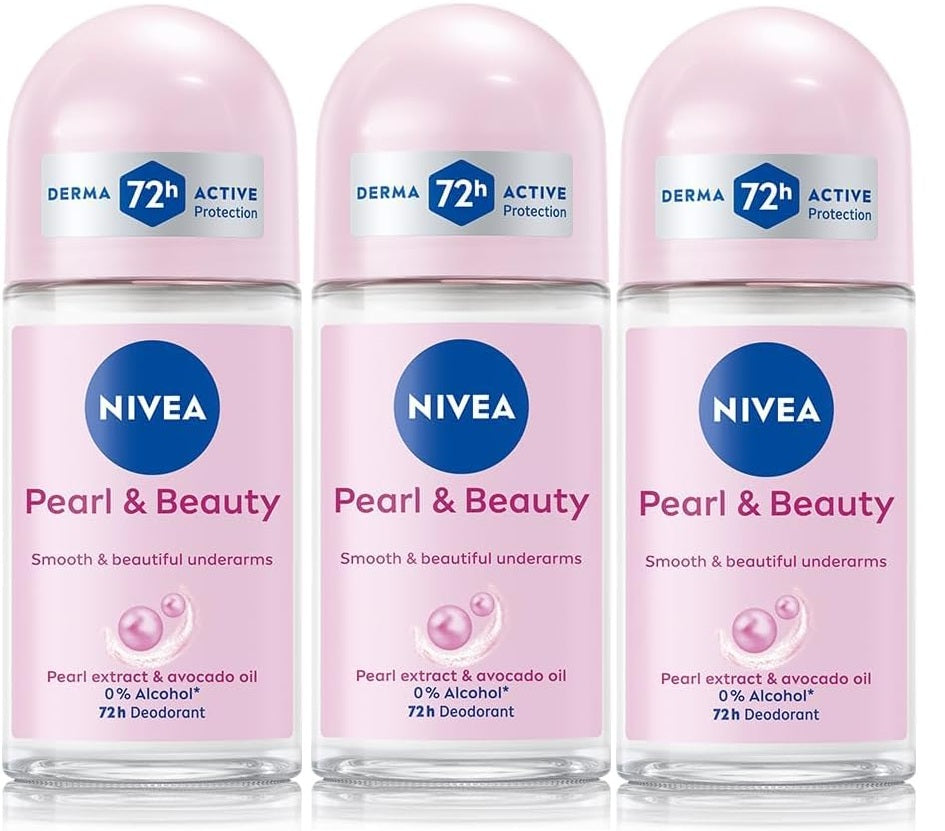 3 pk nivea pearl & beauty roll-on deodorant, 50ml each