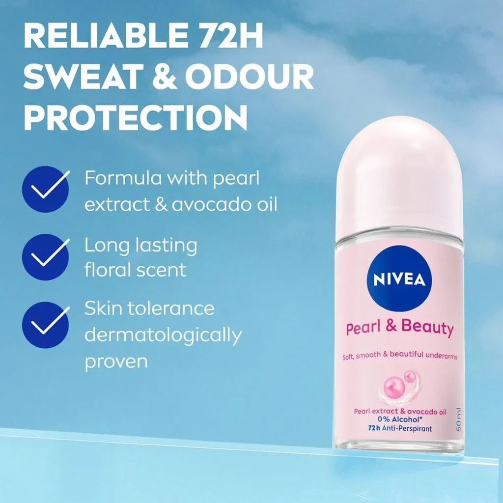 3 pk nivea pearl & beauty roll-on deodorant, 50ml each
