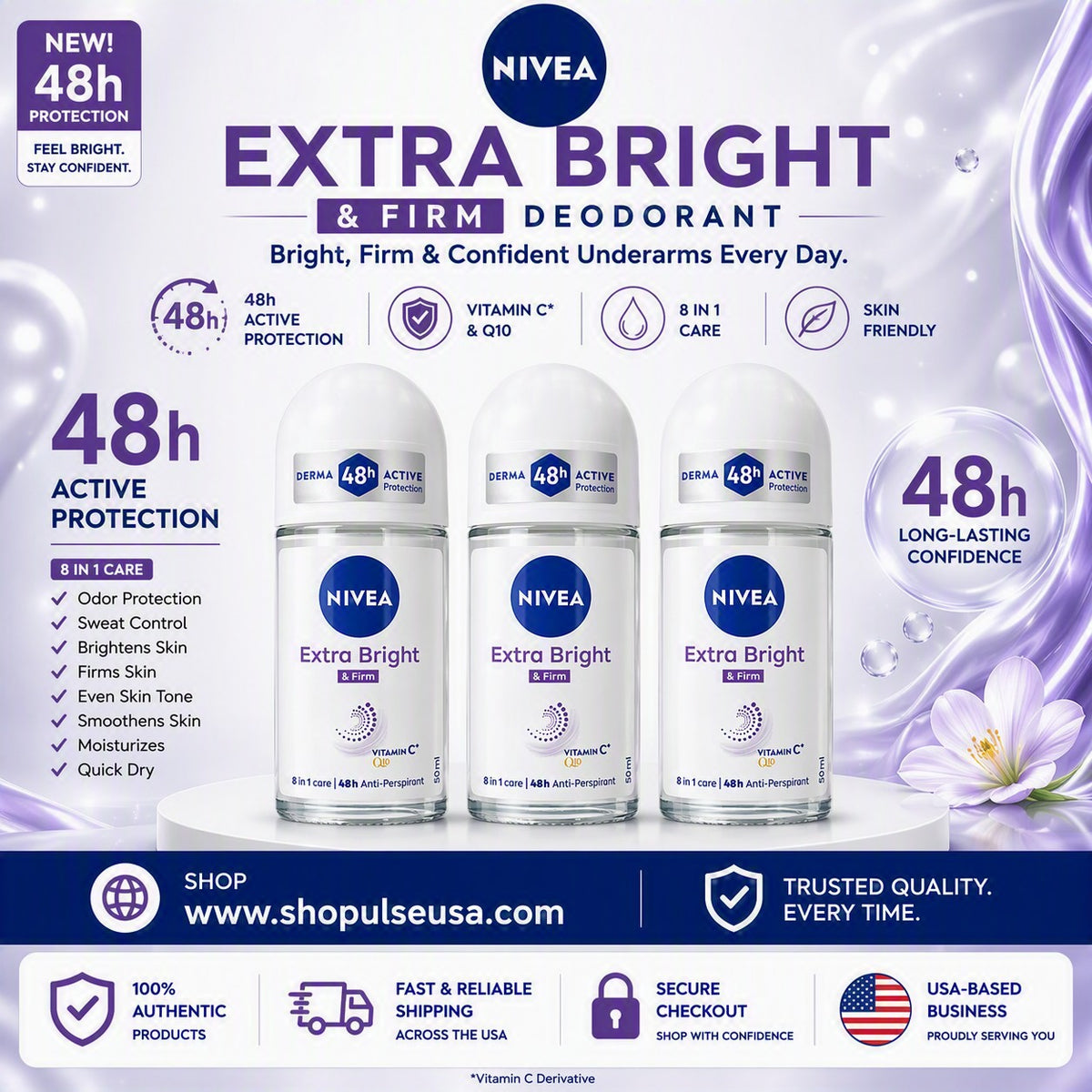 nivea extra bright & firm roll on 50ml (3 pack) | vitamin c + q10 | 48h protection