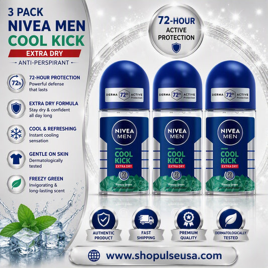 NIVEA Men Cool Kick Roll‑On Deodorant 50ml (3‑Pack) | 48H Freshness & Dry Protection | Quick‑Dry Formula