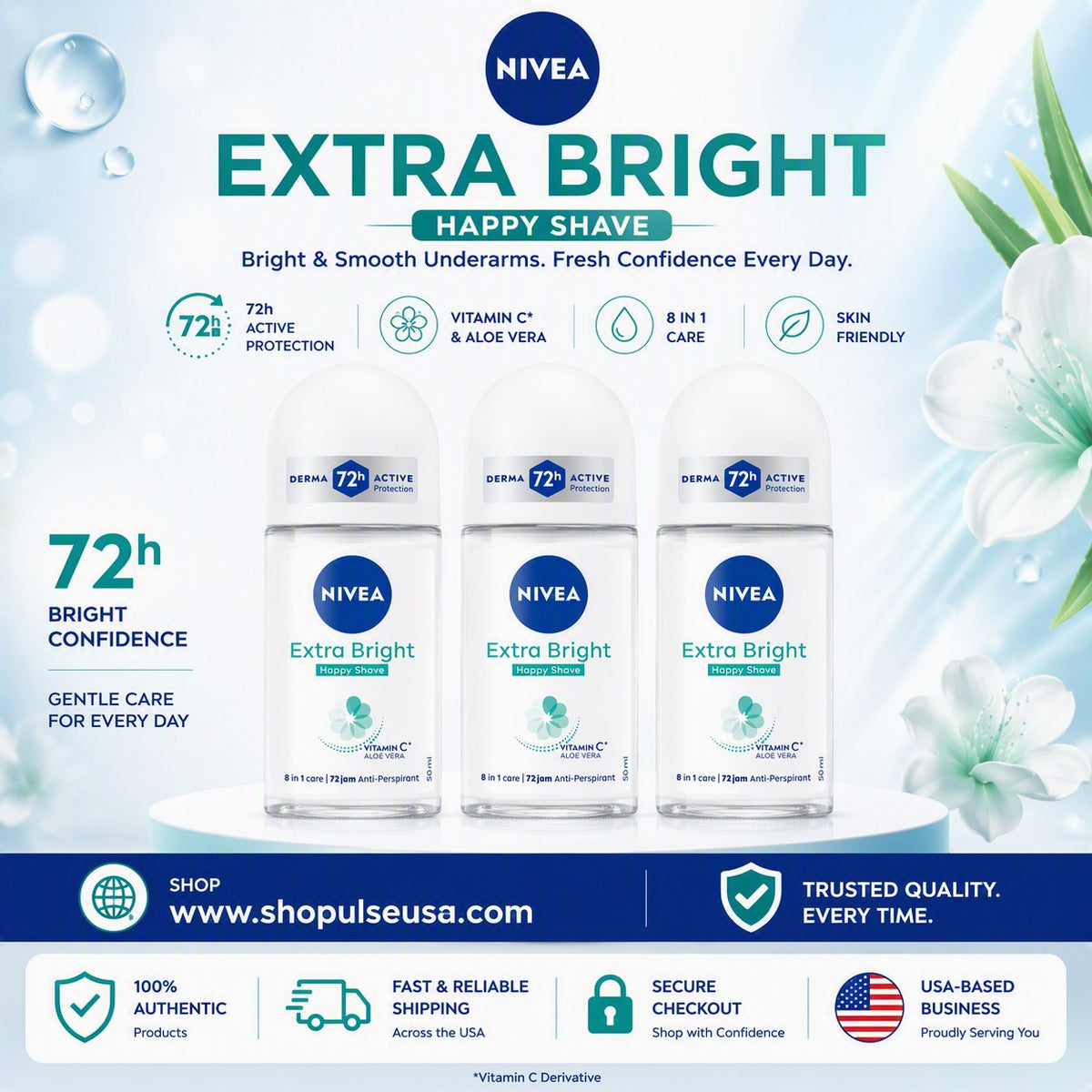 3 pk nivea extra bright happy shave roll-on, 50 ml/1.69 fl oz each