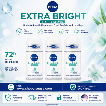 3 PK Nivea Extra Bright Happy Shave Roll-On, 50 ML/1.69 fl oz Each