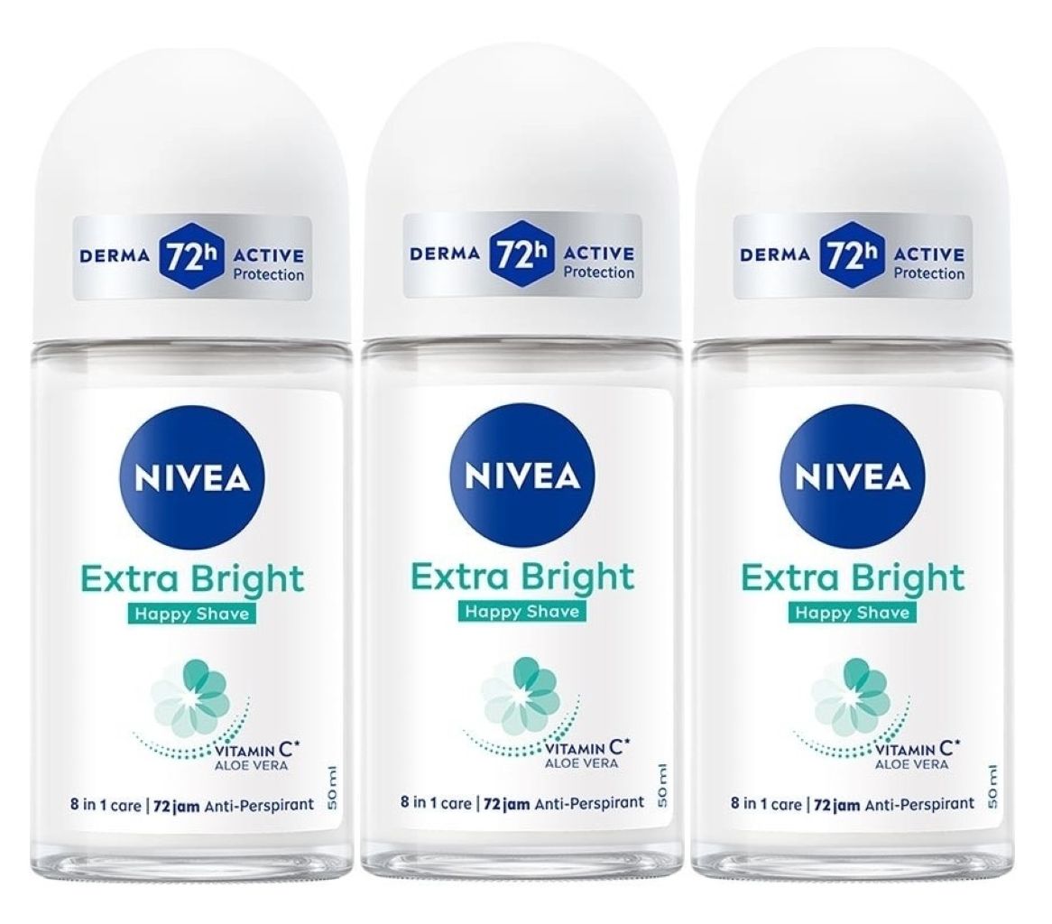 3 pk nivea extra bright happy shave roll-on, 50 ml/1.69 fl oz each