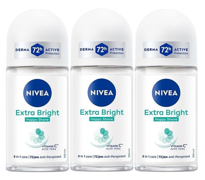 3 PK Nivea Extra Bright Happy Shave Roll-On, 50 ML/1.69 fl oz Each
