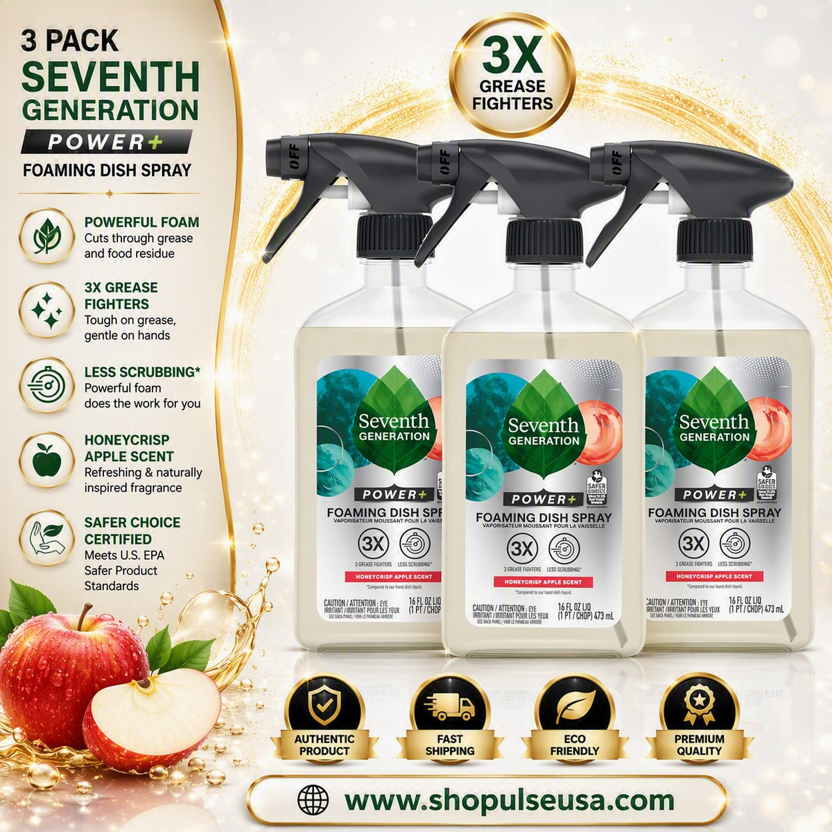 seventh generation foaming dish spray honey crisp apple 16oz (3‑pack) | fast grease removal & biodegradable formula