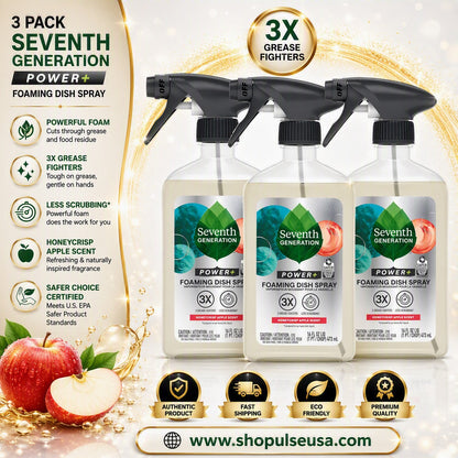 Seventh Generation Foaming Dish Spray Honey Crisp Apple 16oz (3‑Pack) | Fast Grease Removal & Biodegradable Formula