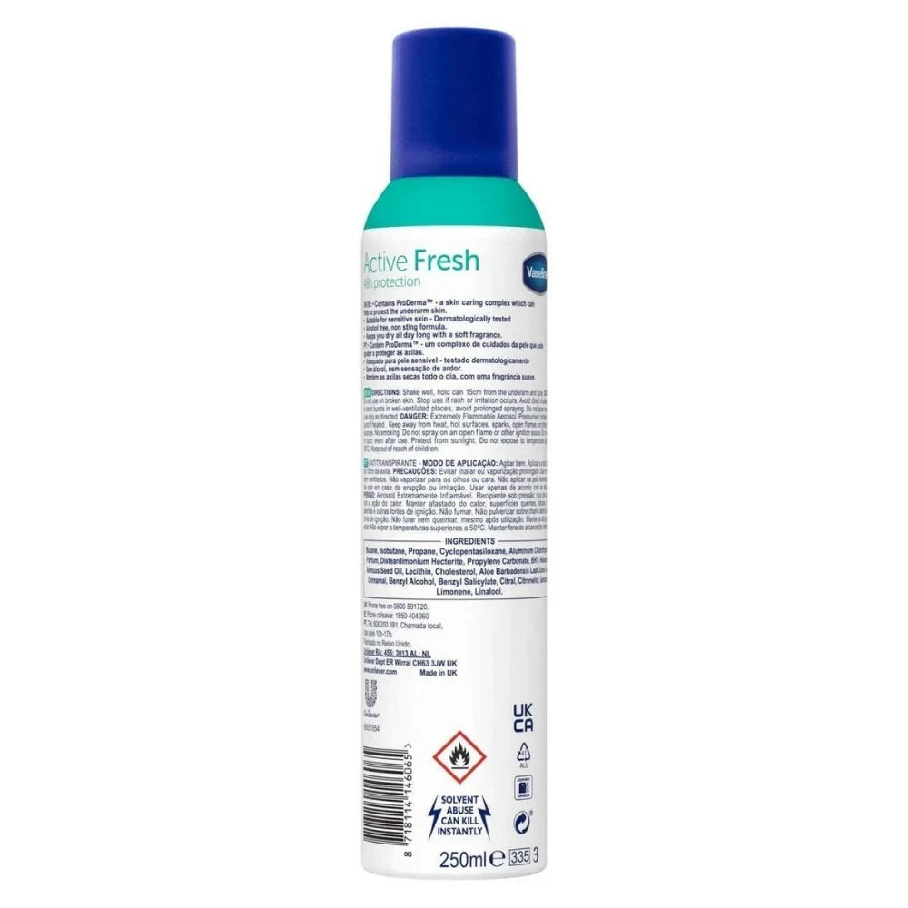 6 pack vaseline active fresh deodorant spray  48hr protection & 0% alcohol 8.45 oz / 250 ml