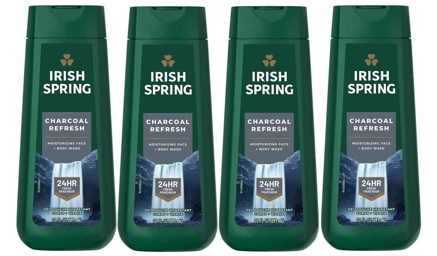 irish spring gel body wash charcoal fresh 4 pack 20 fl oz | men’s refreshing body wash | deep cleansing & long-lasting freshness