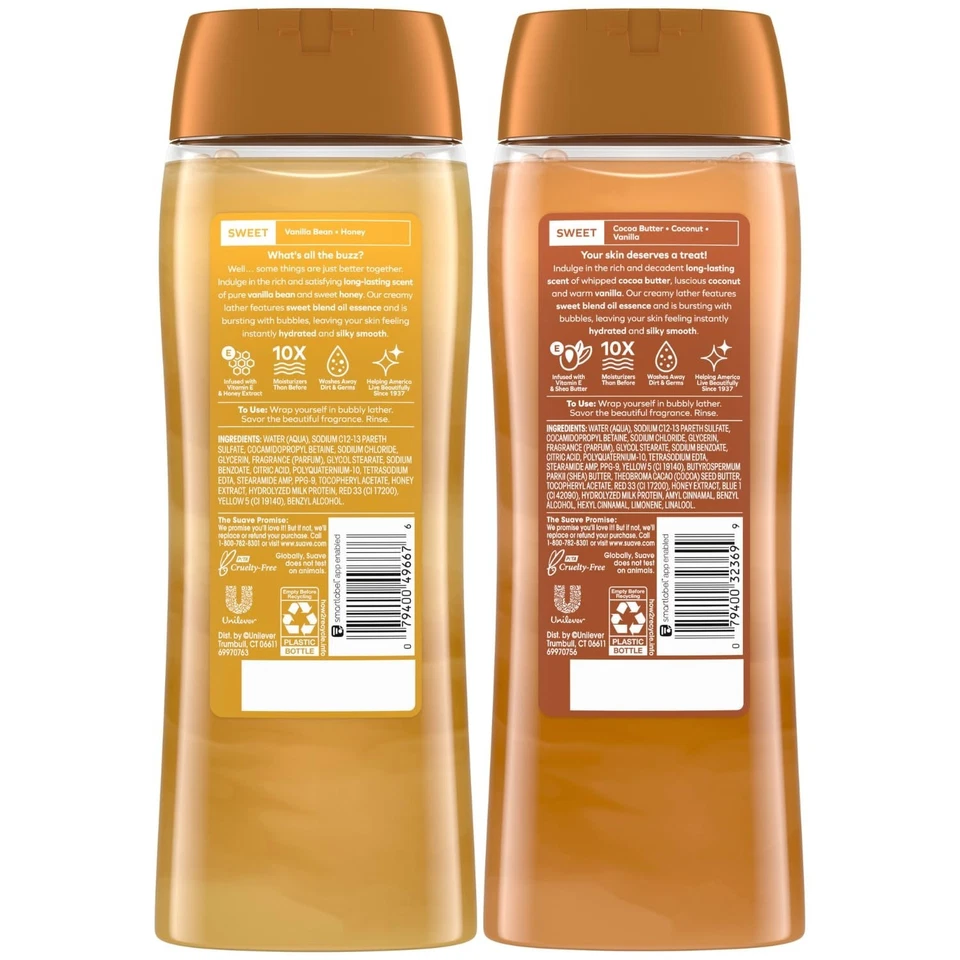 Suave Body Wash Variety Pack 18 fl oz Each | Milk & Honey + Cocoa Butter & Shea | Moisturizing & Refreshing Body Wash
