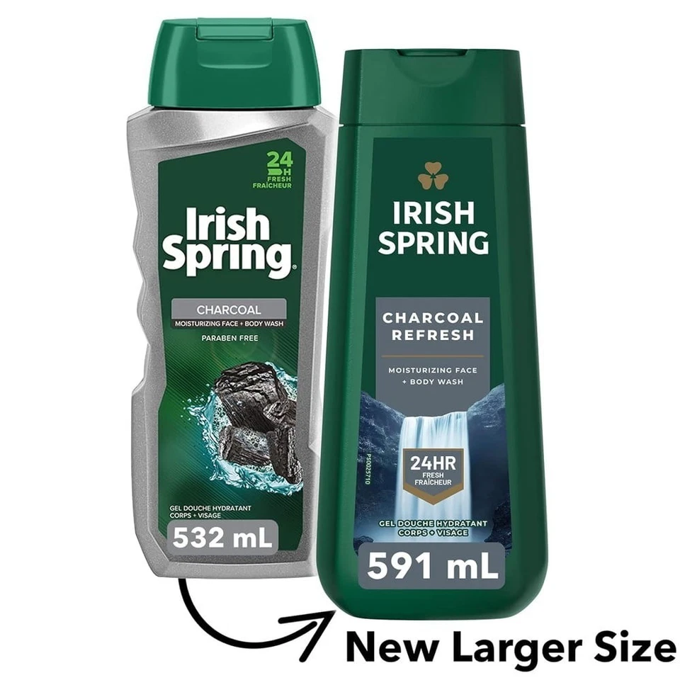 Irish Spring Gel Body Wash Charcoal Fresh 4 Pack 20 fl oz | Men’s Refreshing Body Wash | Deep Cleansing & Long-Lasting Freshness