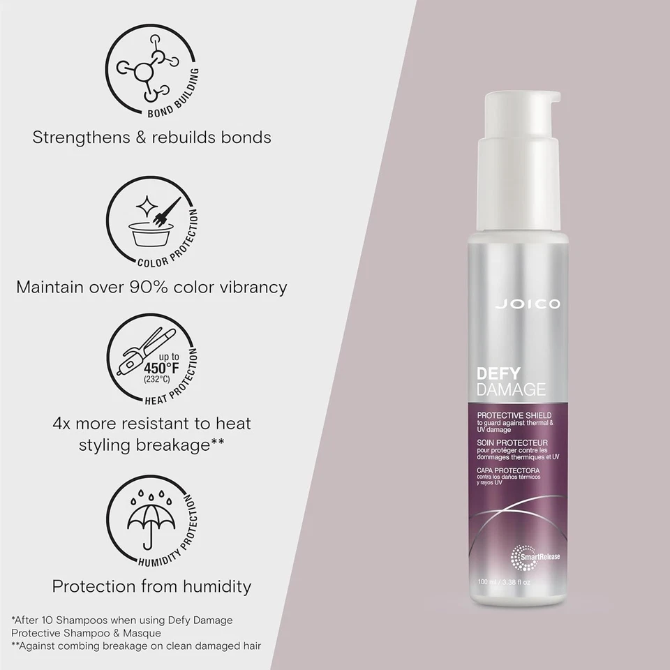joico defy damage protective shield 3.38 fl oz | heat & frizz protection hair treatment | strengthening hair shield