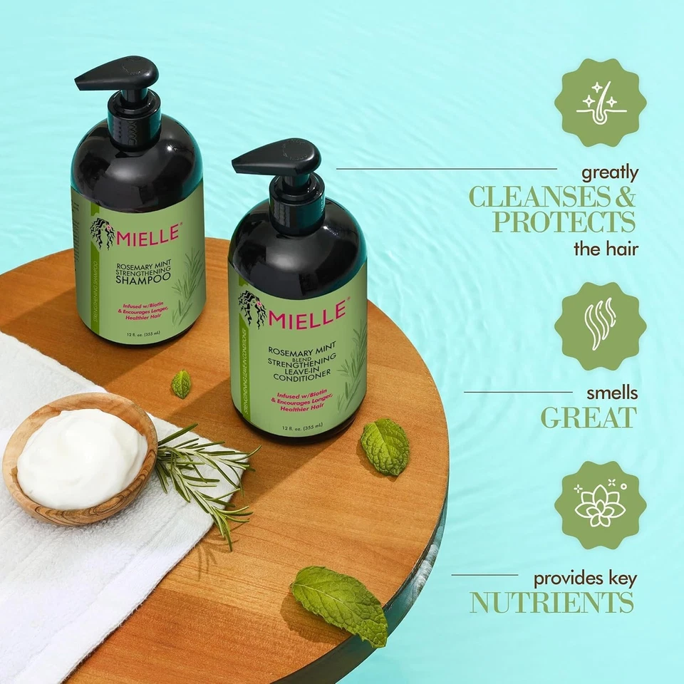 Mielle Organics Rosemary Mint Strengthening Shampoo & Conditioner Set 12 oz Each | Nourishing Hair Care | Strength & Growth