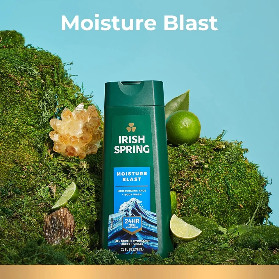 Irish Spring Moisture Blast Body Wash 4 Pack 20 fl oz | Men’s Refreshing Body Wash | Long-Lasting Fresh Scent
