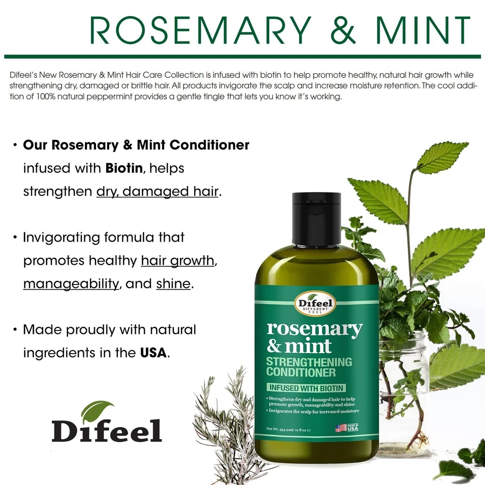 Difeel Rosemary & Mint Shampoo and Conditioner | Hair Strengthening Hair Care Set | Nourishing & Refreshing Formula