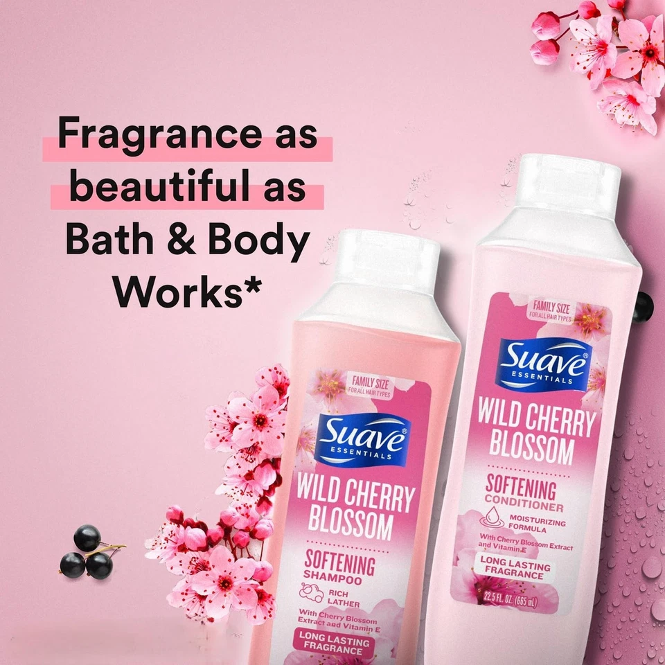 Suave Shampoo & Conditioner Set Wild Cherry Blossom 22.5 fl oz Each | Moisturizing Hair Care | Hydrating & Refreshing Hair Duo