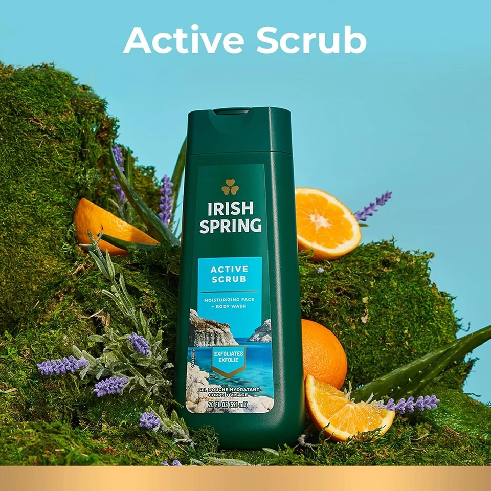 Irish Spring Active Scrub Exfoliating Body Wash 4 Pack 20 fl oz | Men’s Deep-Cleansing Body Wash | Refreshing & Invigorating