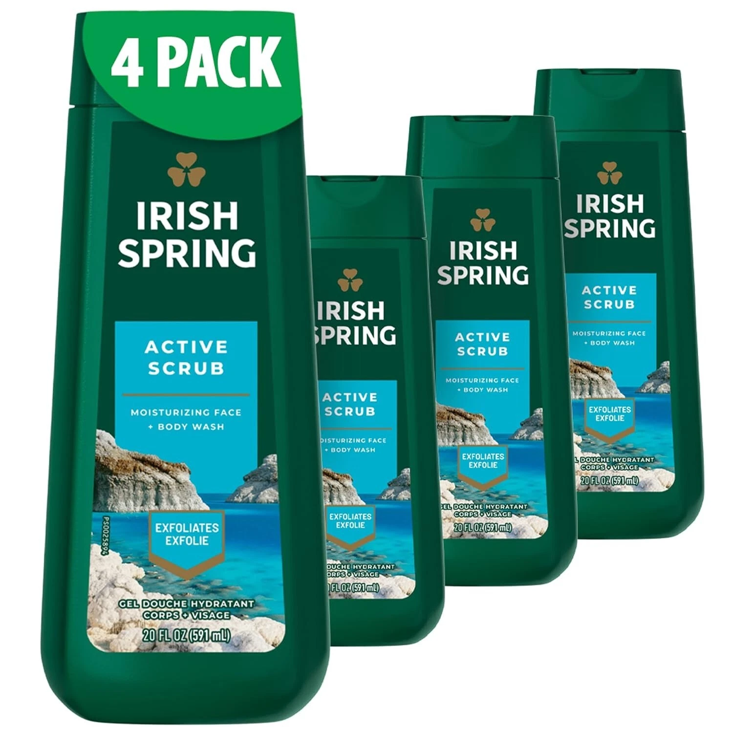 Irish Spring Active Scrub Exfoliating Body Wash 4 Pack 20 fl oz | Men’s Deep-Cleansing Body Wash | Refreshing & Invigorating