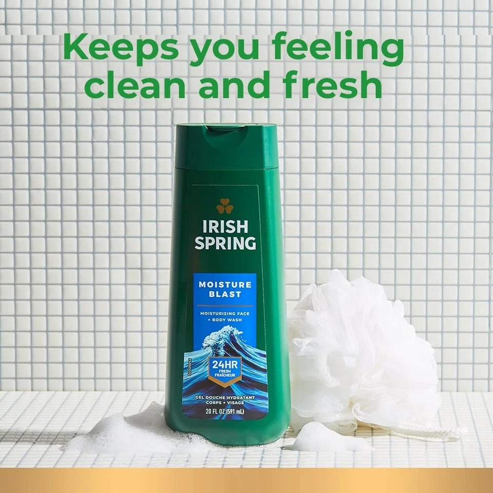 Irish Spring Moisture Blast Body Wash 4 Pack 20 fl oz | Men’s Refreshing Body Wash | Long-Lasting Fresh Scent