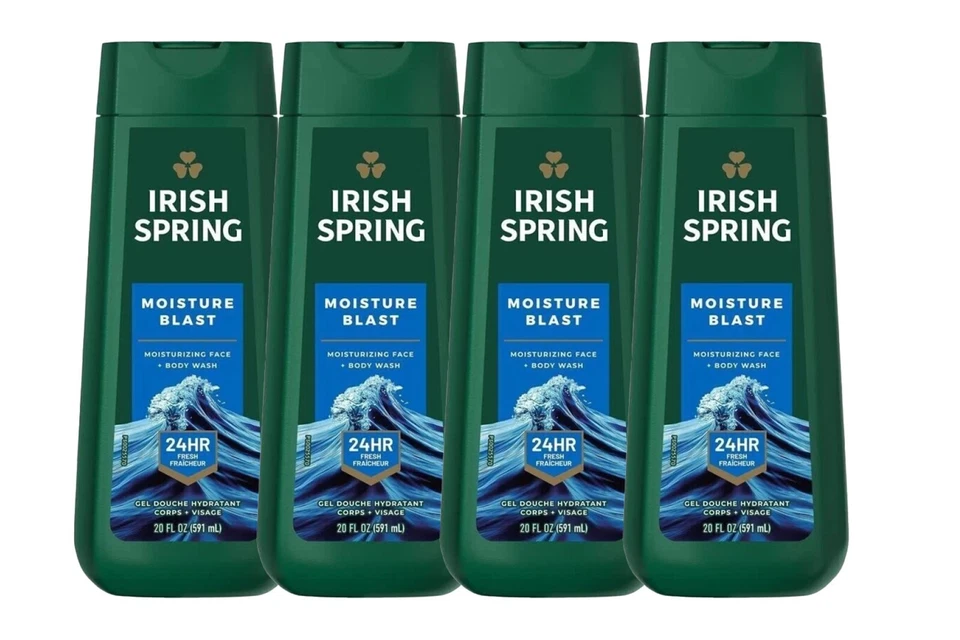 irish spring moisture blast body wash 4 pack 20 fl oz | men’s refreshing body wash | long-lasting fresh scent