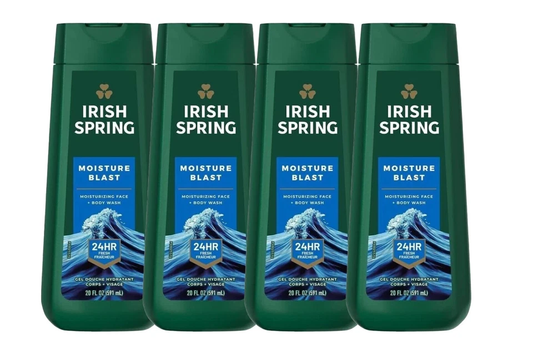 Irish Spring Moisture Blast Body Wash 4 Pack 20 fl oz | Men’s Refreshing Body Wash | Long-Lasting Fresh Scent