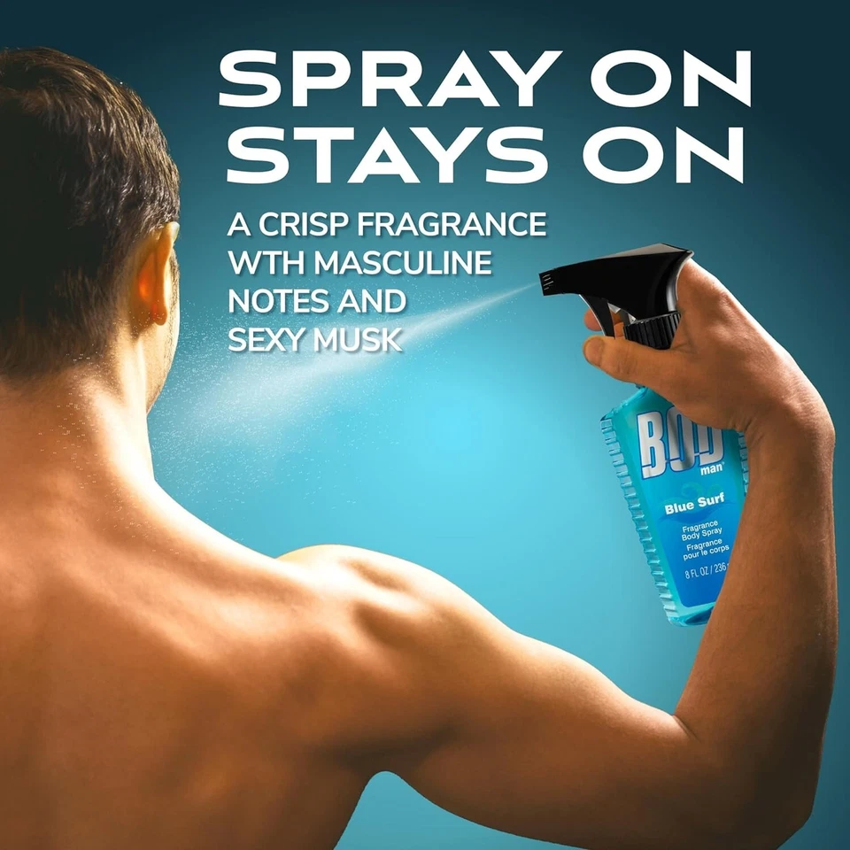 BOD Man Fragrance Body Spray 3 Pack Blue Surf 8 fl oz | Men’s Deodorant & Body Spray | Long-Lasting Fresh Scent