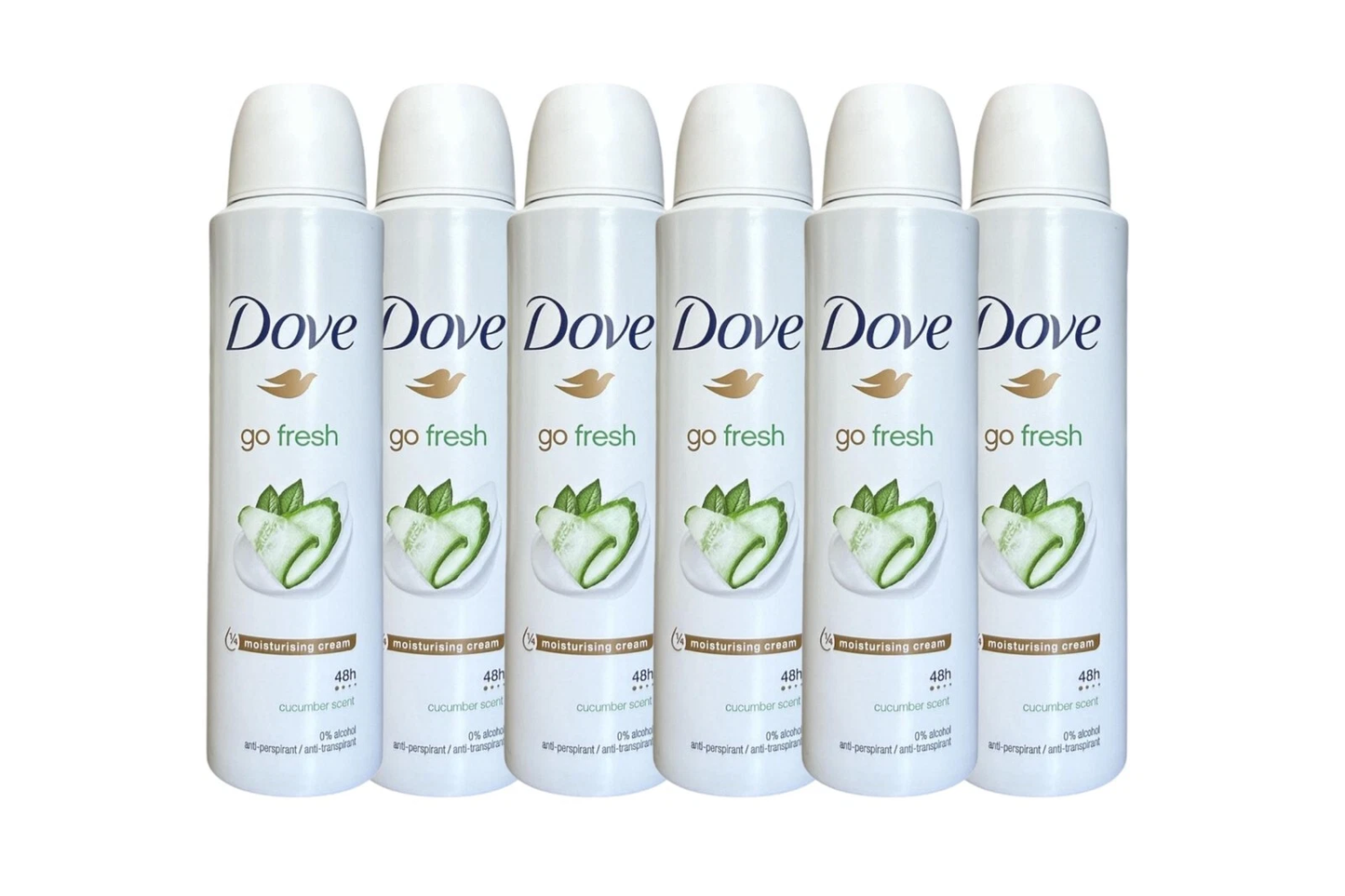 6 pk dove go fresh cucumber & green tea anti perspirant deodorant spray 150ml