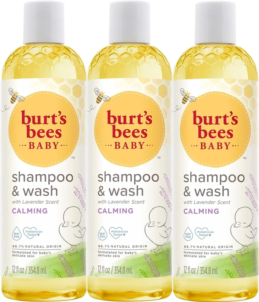 Burt's Bees Baby Calming Shampoo & Wash with Lavender 3 Pack 12 fl oz | Tear-Free Gentle Baby Bath | Soothing & Moisturizing