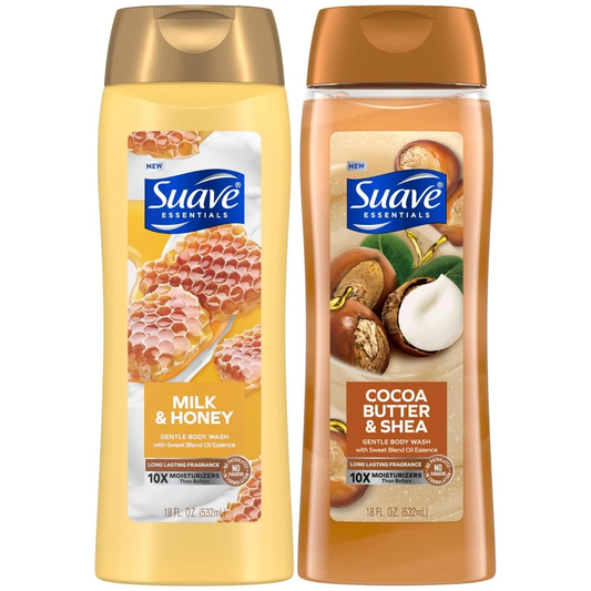 Suave Body Wash Variety Pack 18 fl oz Each | Milk & Honey + Cocoa Butter & Shea | Moisturizing & Refreshing Body Wash