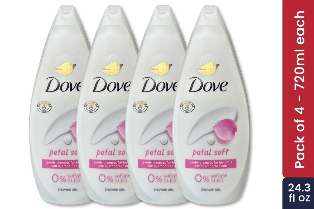 Dove Shower Gel Petal Soft 4 Pack 720 ml | 24.3 fl oz Each | Moisturizing & Gentle Body Wash