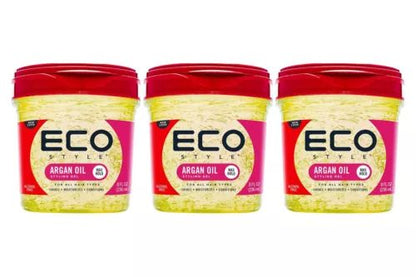 Eco Style Moroccan Argan Oil Styling Gel 3 Pack 8 oz | Strong Hold Hair Gel | Nourishing & Moisturizing Hair Styling Gel
